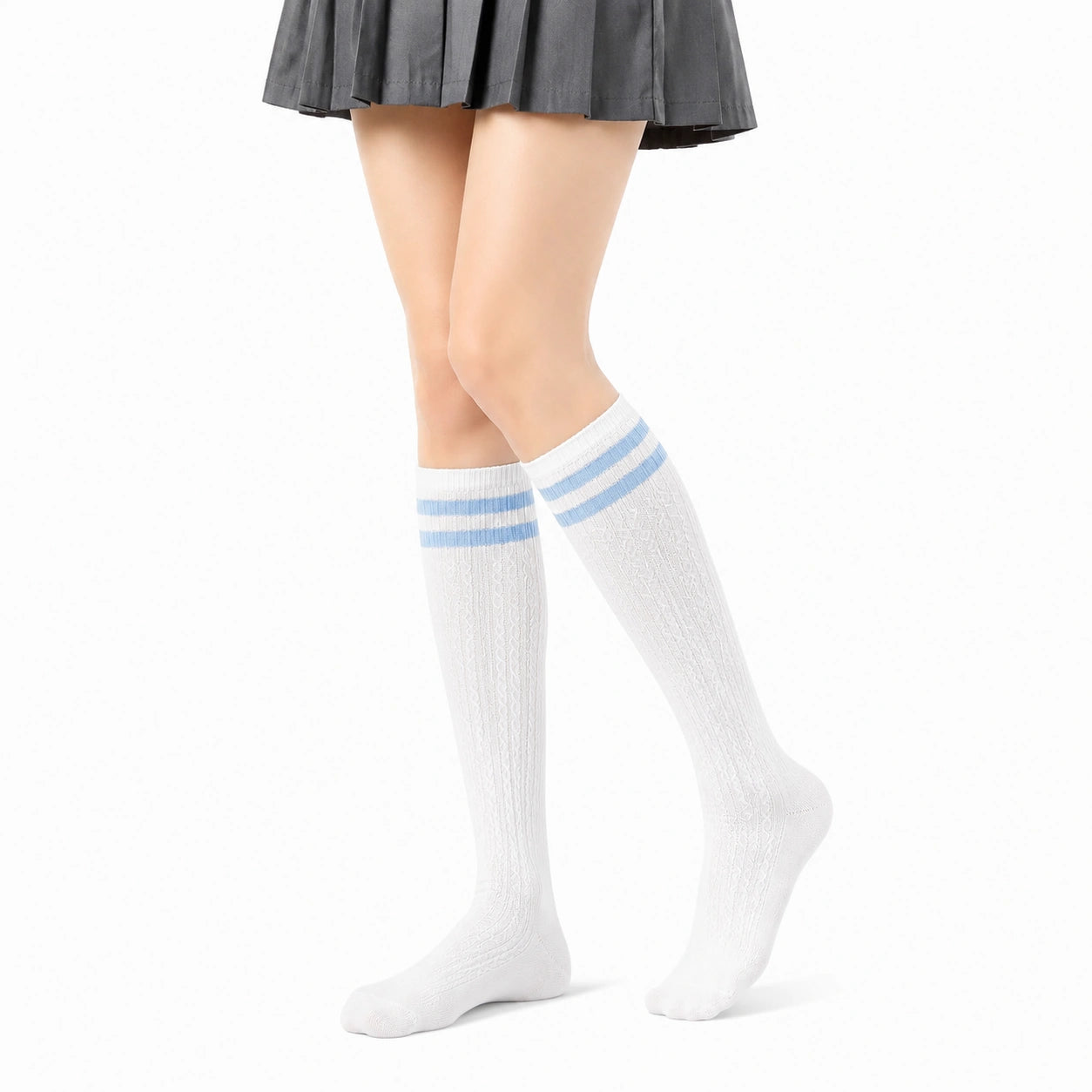 Calze al ginocchio 39-42 bianche in maglia con righe azzurre stile sportivo