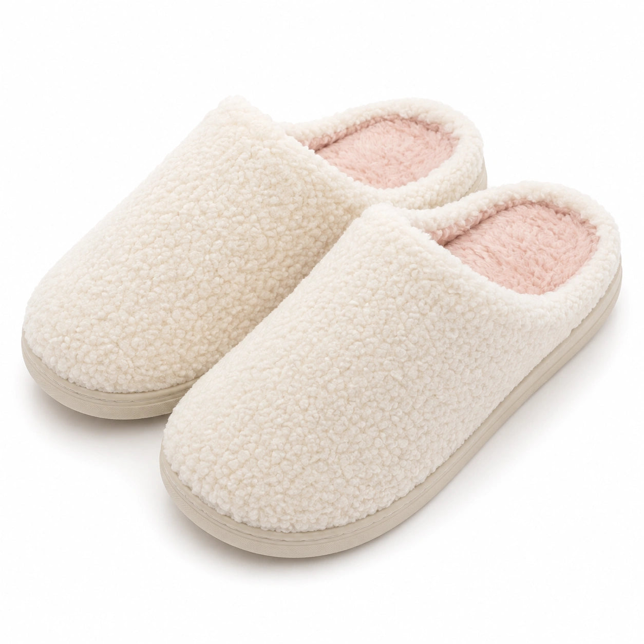 Pantofole da donna 38/39 in tessuto bouclé bianco e rosa con suola antiscivolo