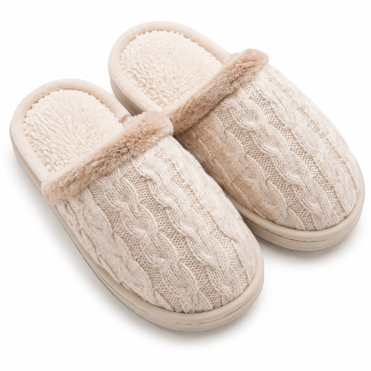 Pantofole 36/37 beige in tessuto a maglia con bordo effetto pelliccia